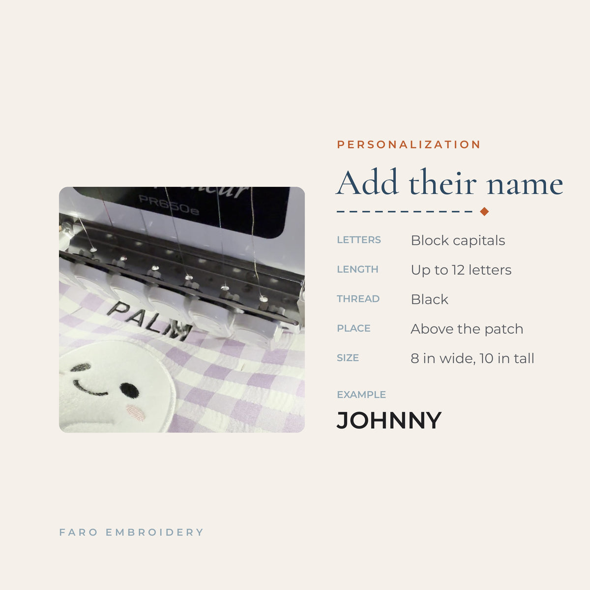 Card showing how to add a name: Block capitals, up to 12 letters, black thread, above the patch