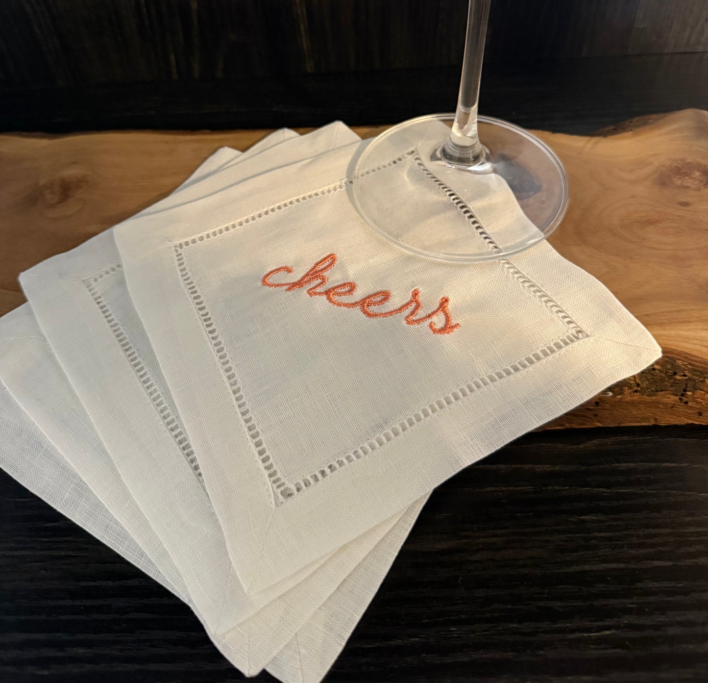 Linen Cocktail Napkin Set — “Cheers”