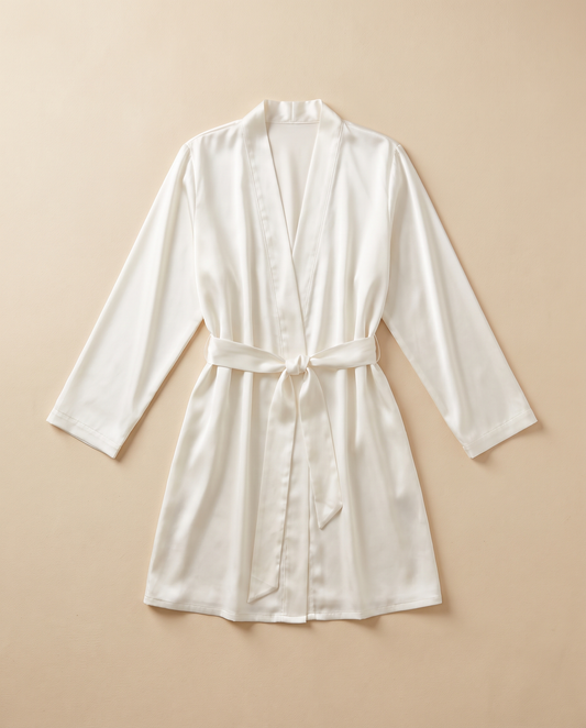 Ivory satin bridal robe, laid flat
